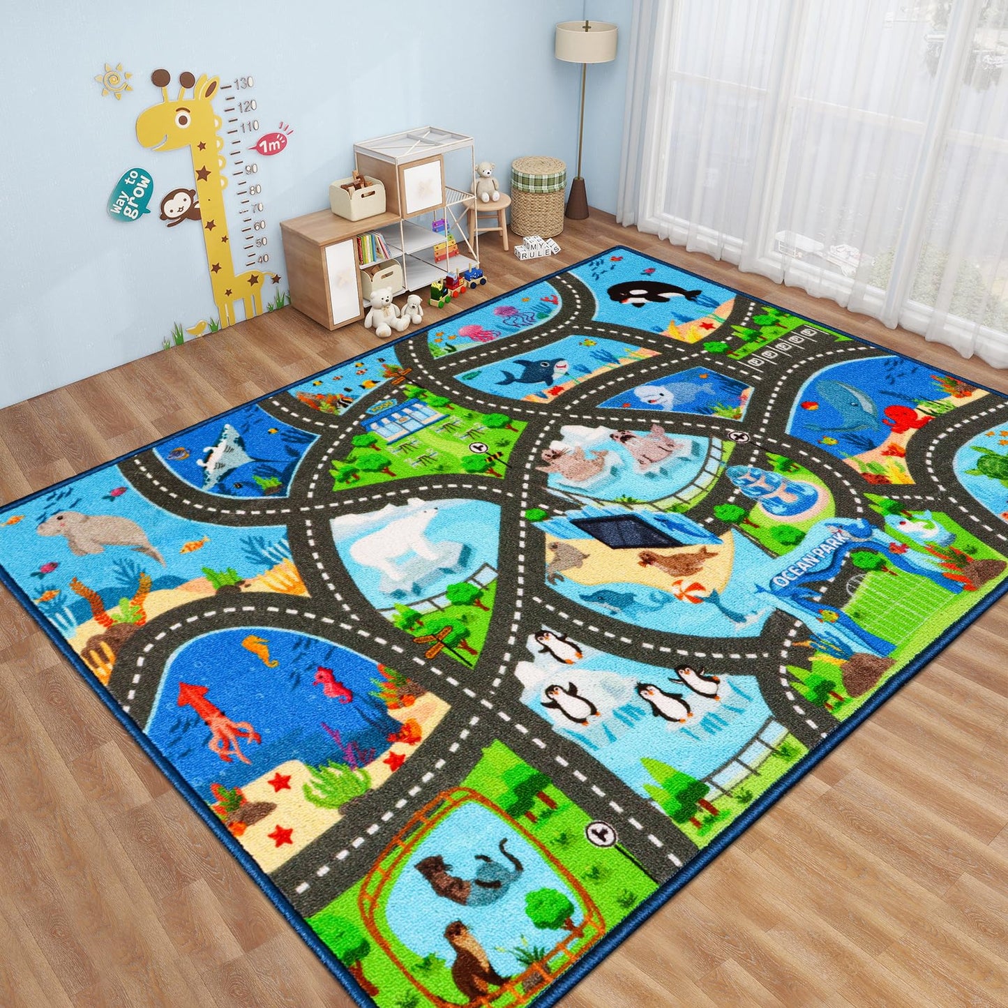 Kids Rug Playmat Carpet,6'7" x 9'10" Marine Animals Cars Rugs for Kids Toy Cars,Non Slip Aquarium Road Map Kids Carpet for Playroom Bedroom Boys,Kid Play Mat Road Carpet,Track Rug Play Carpet for Kid