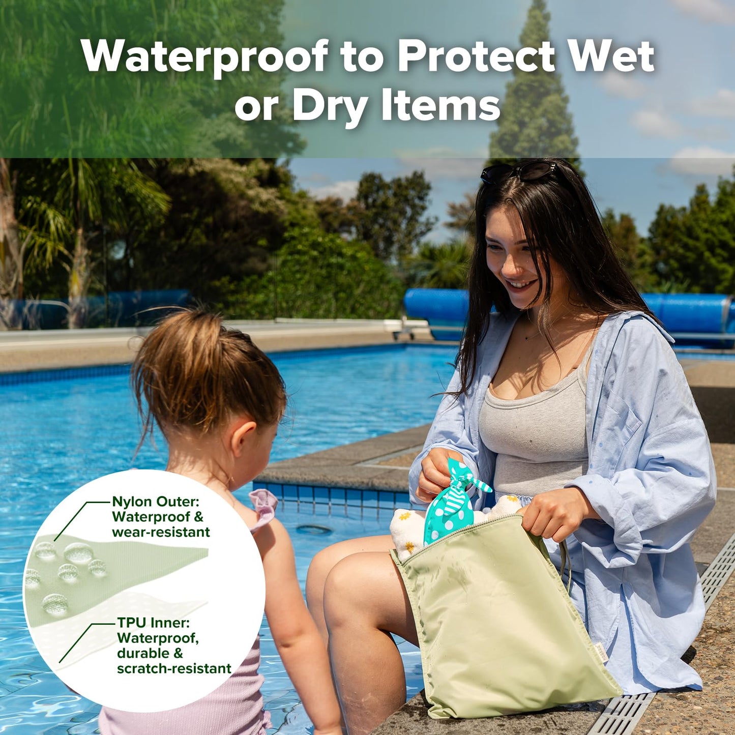 haakaa Waterproof Wet Bags for Baby Wet Dry Bags for Cloth Diaper, Swimsuit & Travel, 2pcs, Grass