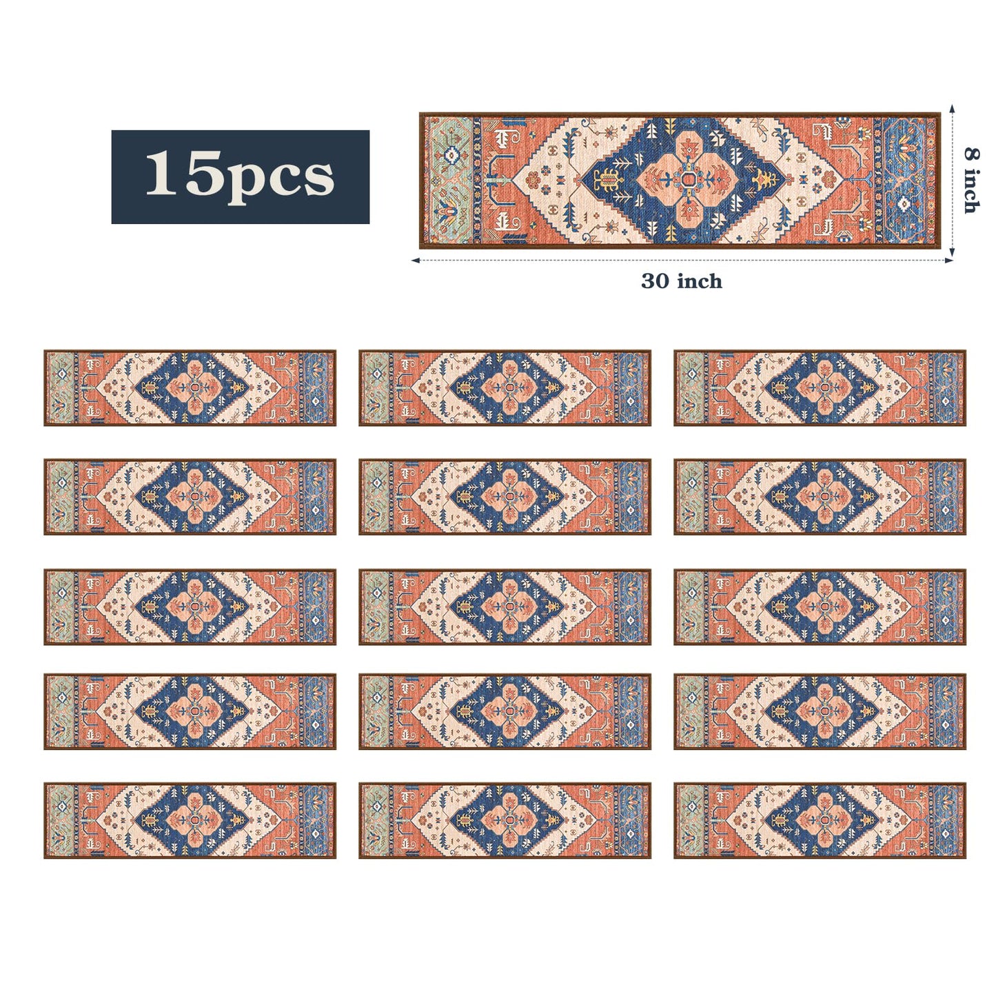 Lahome Stair Treads Non Slip 15 Pack 8" X 30" Stair Treads for Wooden Steps, Washable Self Adhesive Stair Runners Stain Resistant Stair Carpet, Edging Stair Rug for Kids, Elders and Dogs Dorie, Rust