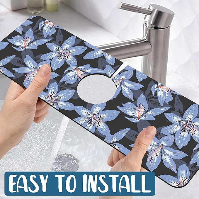 Blooming Lily Sink Faucet Absorbing Mat Blue Lily Flowers Super Absorbent Fast