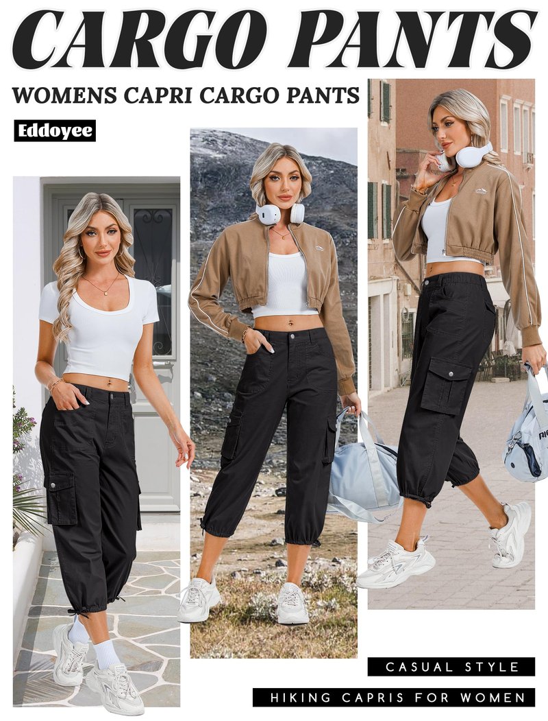Eddoyee Cargo Capris for Women Cotton Hiking Pants with 6 Pockets Elastic High Waist Casual Summer Pants Black