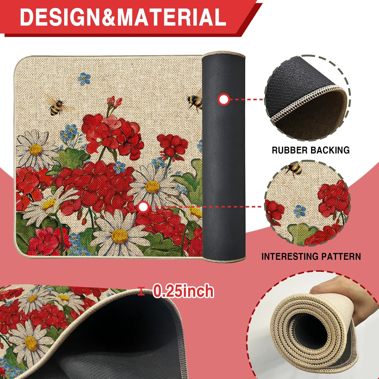 Tikeciti Spring Summer Red Geranium Kitchen Mats Set of 2, Bee and Flower Kitchen Rugs Seasonal Vibrant Daisy Holiday Floor Non-Slip Low Profile Mat Farmhouse Home Decor 17x29 and 17x47 Inch
