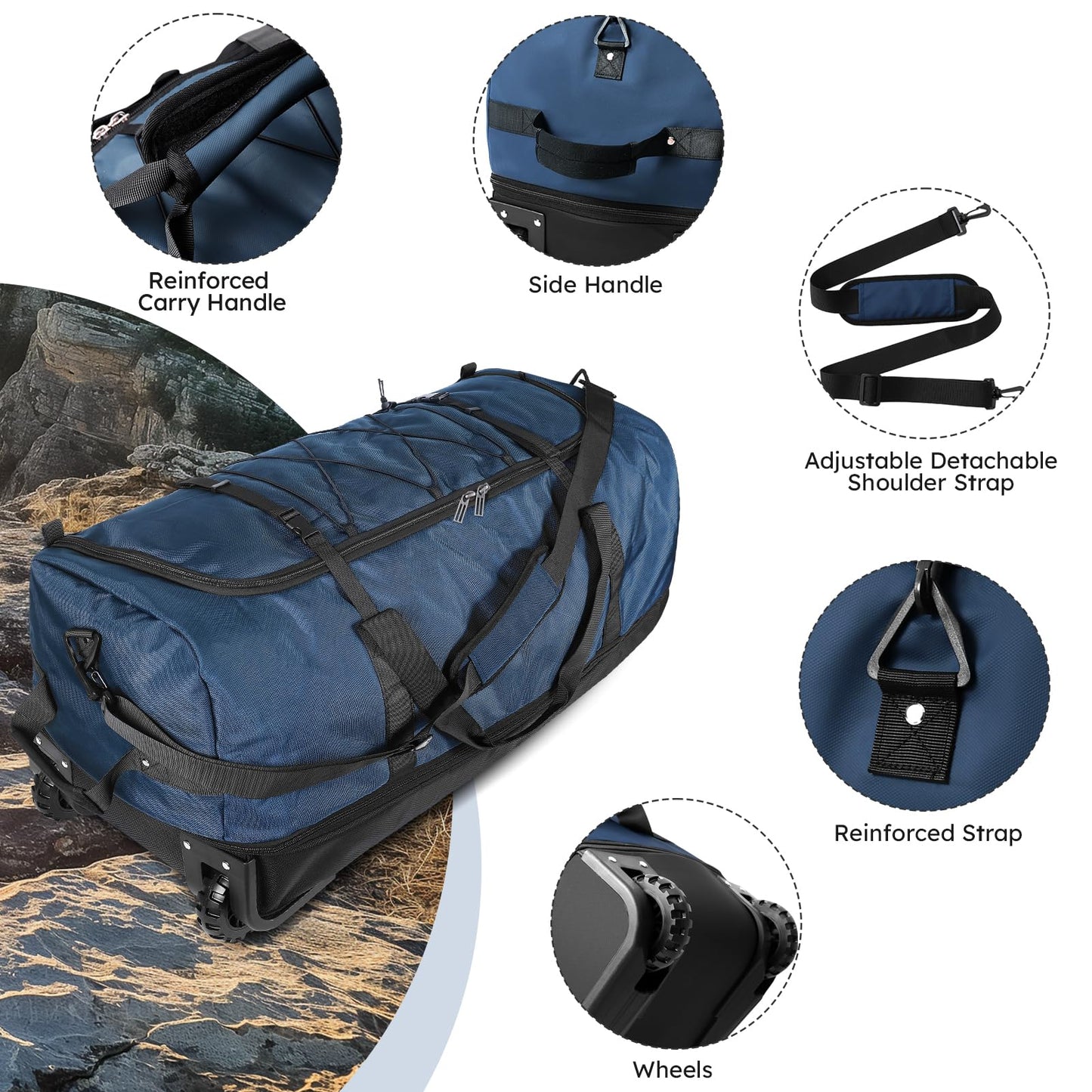 Vrtisa 110L Expandable to 140L 32” Foldable Oxford Soft-Sided Rolling Duffle Bag with 2 Heavy-Duty Wheels,2 Large Compartments,Adjustable Shoulder Strap and Attached Organizer Pouch,Navy Blue