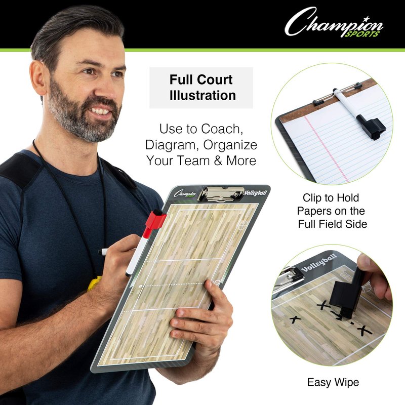 Champion Sports Dry Erase Clipboard for Coaching Volleyball - Whiteboards for Strategizing, Techniques, Plays - 2-Sided Clipboards with Clip - Front Side Full Court - Backside Half Court and Lineup