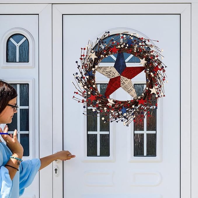22IN Artifical Patriotic Wreath 4 of July Wreath with Berry, Star for Front Door Wall Decor Indoor Outdoor