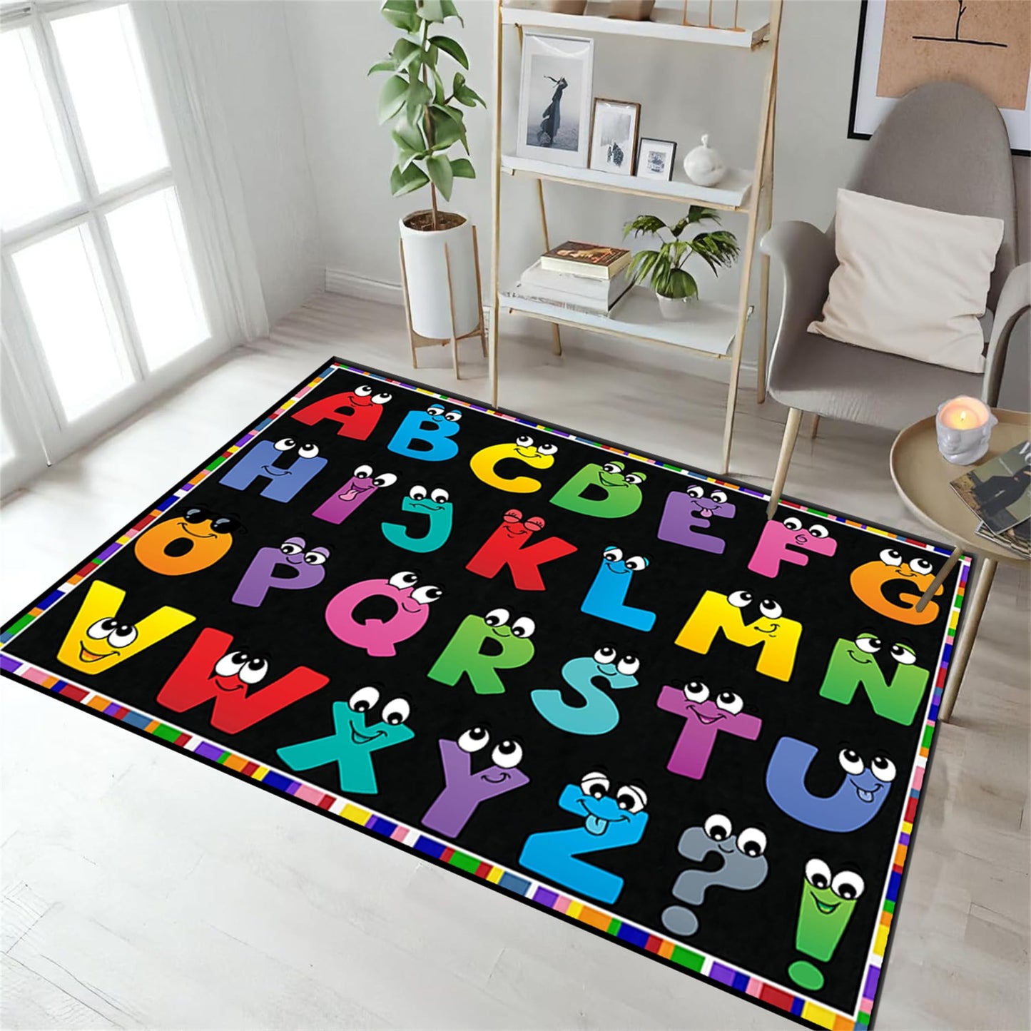 Srocvi Kids Area Rug English Characters ABC and Math Symbols Learning Carpets, Lovely Black Foldable Large Area Rugs Perfect for Dining Room Bedside Kids Boys Bedroom Playroom Hallway, 3x5ft