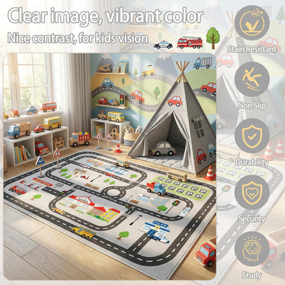 5'x7' Car Rug Play Mat for Kids Toy Cars, Faux Wool Road Rug Car Track Playmat Educational City Map Washable Carpet for Boy Playroom Bedroom Nursery, Non Slip Kids Area Rug for Children Toddler