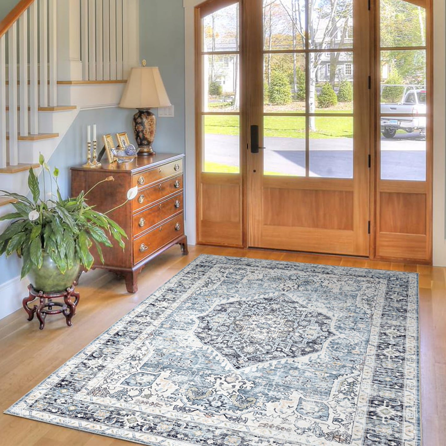 Domitapis Runner Rug 2×8, Vintage Boho Rug,Ultra-Soft Low Pile, Washable, Non Slip,Stain Resistant Printed Carpet for Hallway Kitchen Living Room Bedrooms Playroom Office, Light Blue