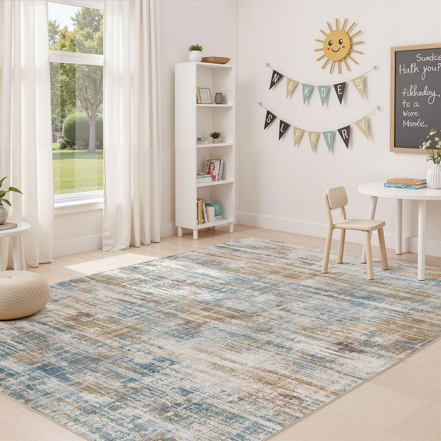 UERMEI 8x10 Washable Area Rug for Living Room: Modern Neutral Abstract Large Soft Low Pile Carpet Non-Slip Pet Kids Friendly Indoor Decor for Bedroom Dining Room Home Office Nursery Blue Brown