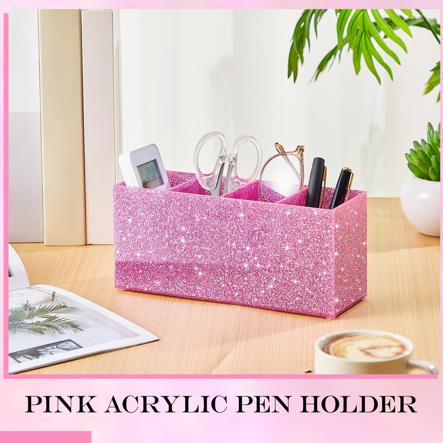 Jetec Acrylic Glitter Pen Holder 4 Compartments Bling Makeup Brush Stationery Organizer Pencil Holder for Desk Accessories Sparkly Gifts for Women Birthday Valentines Desktop Workplace Office(Pink)
