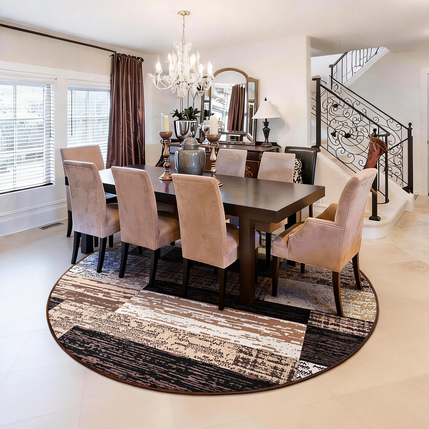 FlyDOIT Modern Round Area Rug for Living Room, 4Ft Washable Round Rug Chocolate Geometric Patchwork Circle Rugs for Dining Room Table, Small Circular Floor Carpet for Bedroom Home Office