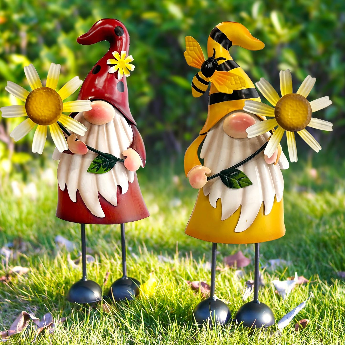 HONGLAND Gnomes Decorations for Yard - Metal Gnome Outdoor Decor Bee Ladybug Garden Statue- Christmas Decoration Thanksgiving Holiday Lawn Patio Yard Stakes (Set of 2)