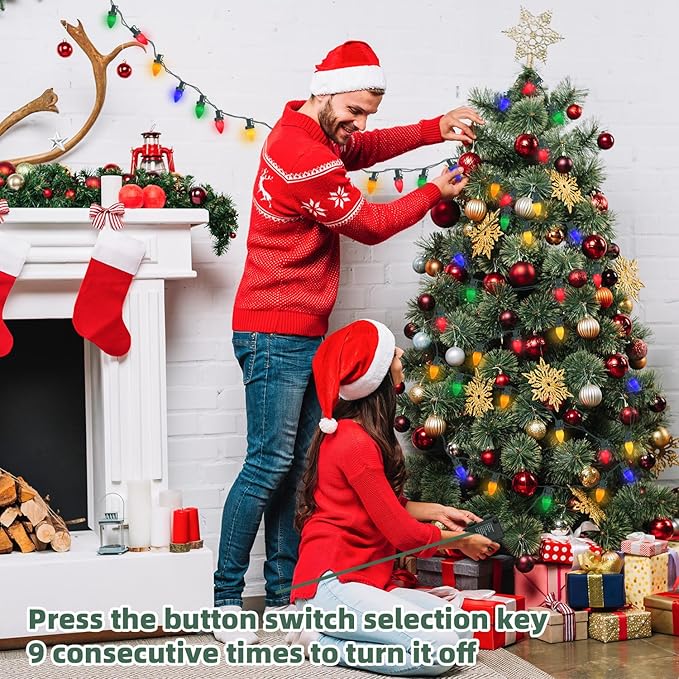 27.5Ft C7 LED Battery Operated Christmas Lights Outdoor with Timer, 8 Mode Twinkle Multicolor Christmas Tree Lights Indoor Outdoor Waterproof for Light up Christmas Tree Home Yard Decor, 50 LED Bulbs