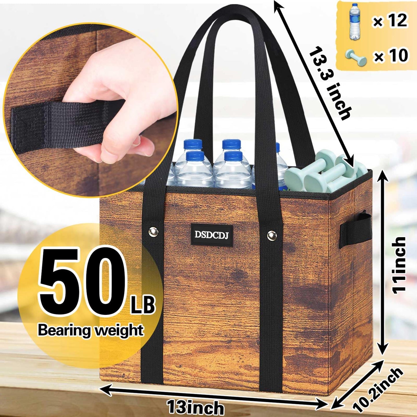 DSDCDJ Reusable Grocery Bags - Heavy Duty Reusable Shopping Bags with Hard Bottom & Long Handles, Foldable Large Utility Tote Bag with Box Shape to Stand Up - for Kitchen, Picnic, 3 Pack, Rustic Brown