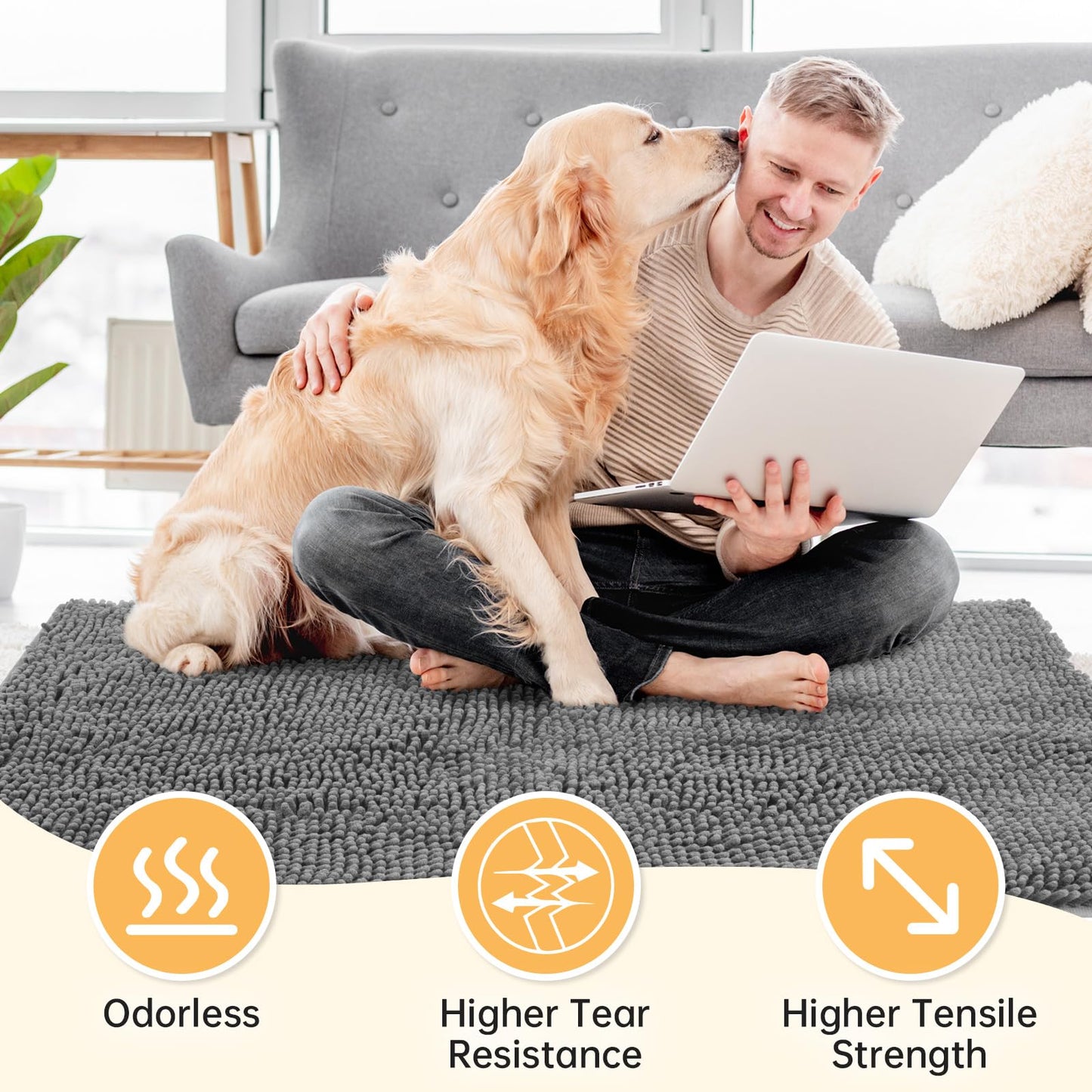 HOMEK Absorbent Dog Door Mat for Muddy Paws, 60" x 36" Chenille Indoor Mats for Entryway, Trap Dirt Front Door Mat Indoor Entrance Washable Non Slip Soft Light Grey