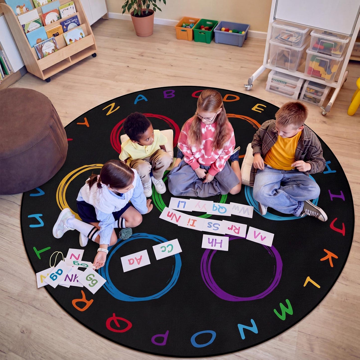 Teenyyou 6.5 ft Classroom Rug with Colorful Circle Kindergarten Educational Large Area Rug Kids Room Children Classroom Carpet Playroom Learning Preschool School Decor Seating Carpet 7 Seats