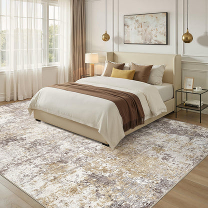Nakagishi 10X14 Area Rugs for Living Room: Washable Modern Abstract Rug with Non-Slip Silicone Backing Low Pile Soft Carpet for Bedroom & Dining Decor Ideal for Families with Kids and Pets-Brown