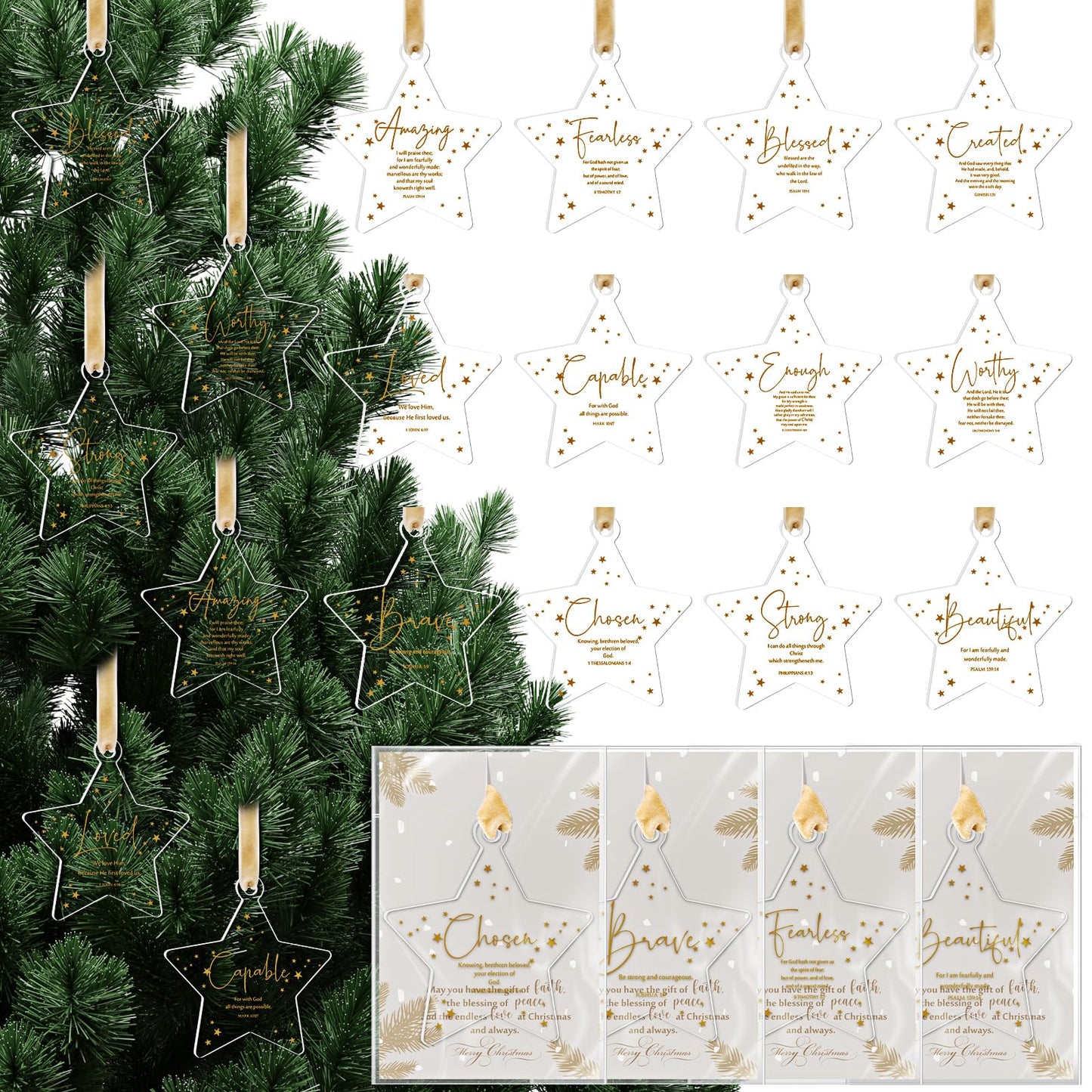 Roowest 36 Sets Religious Christmas Ornaments Bulk Christmas Christian Gifts Acrylic Star Christian Ornaments for Xmas Tree Card Bag Bible Verse Faith Based Hanging Sign Church Home Decorations