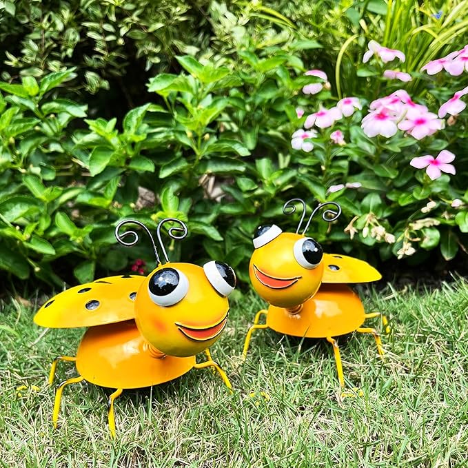 Metal Yard Art Garden Decor for Outside Cute Yellow Ladybugs Lawn Patio Ornaments Backyard Decorations Garden Gifts for Mom - Set of 2