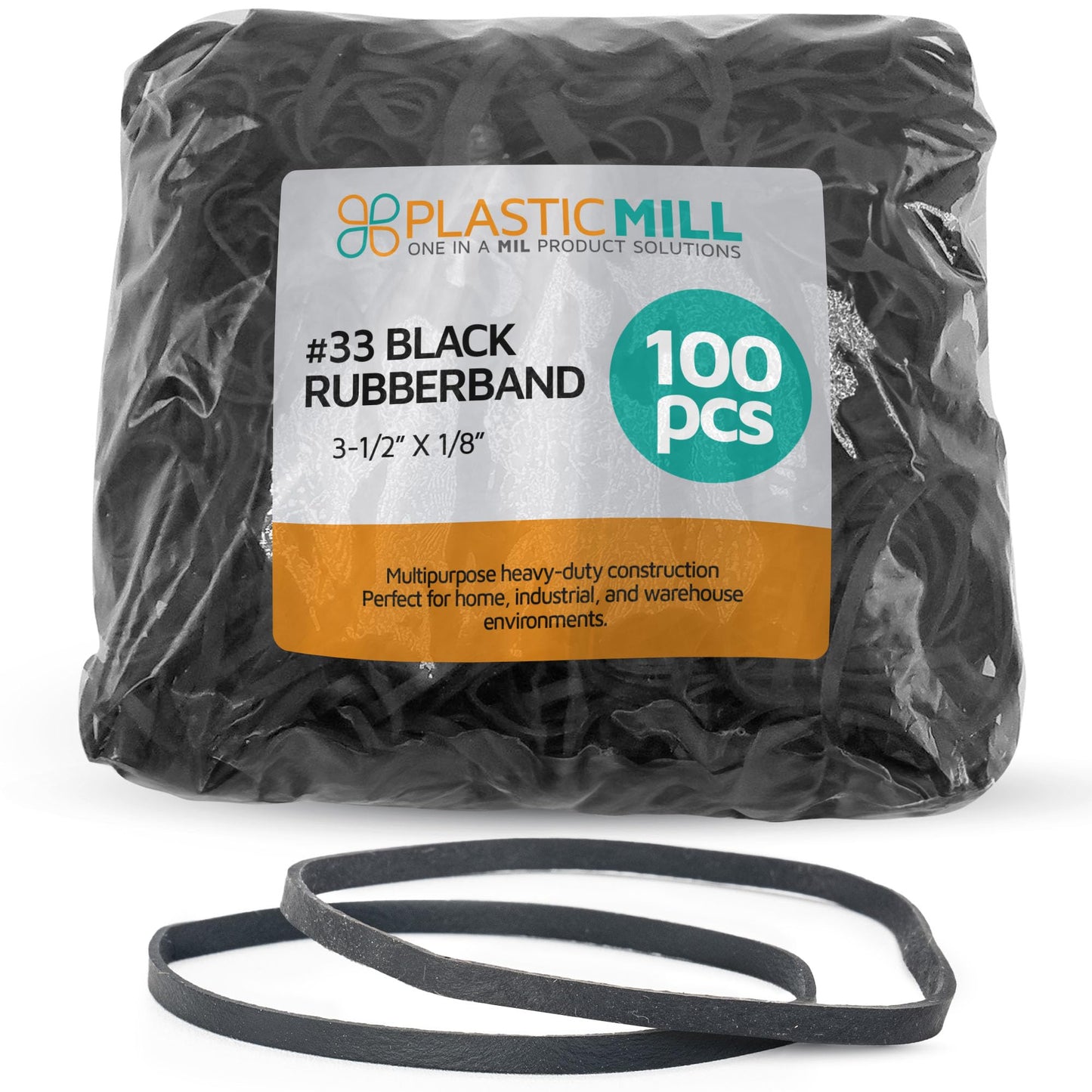 PlasticMill UV Resistant Rubber Bands Size 33 (3 1/2" x 1/8") - EPDM #33 Black Rubber Bands Office Supplies - Strong, Elastic Bands for Crafts, Cash, File Folders (100-Pack)