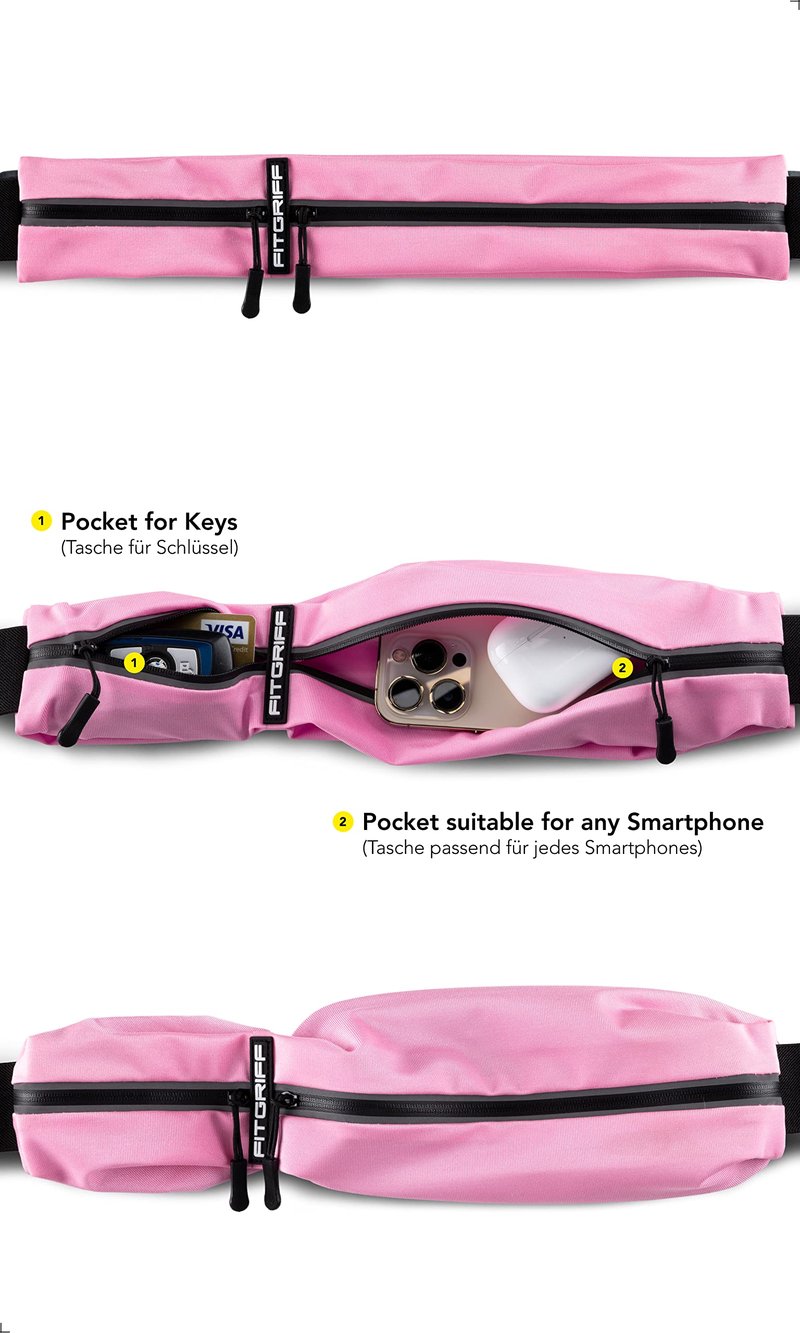 Fitgriff® Running Belt for Men & Women - Secure Jogging Pouch for Phone, Keys & Essentials - For All Cell Phones (Pink, 24.5" - 35.5" Waist Size)