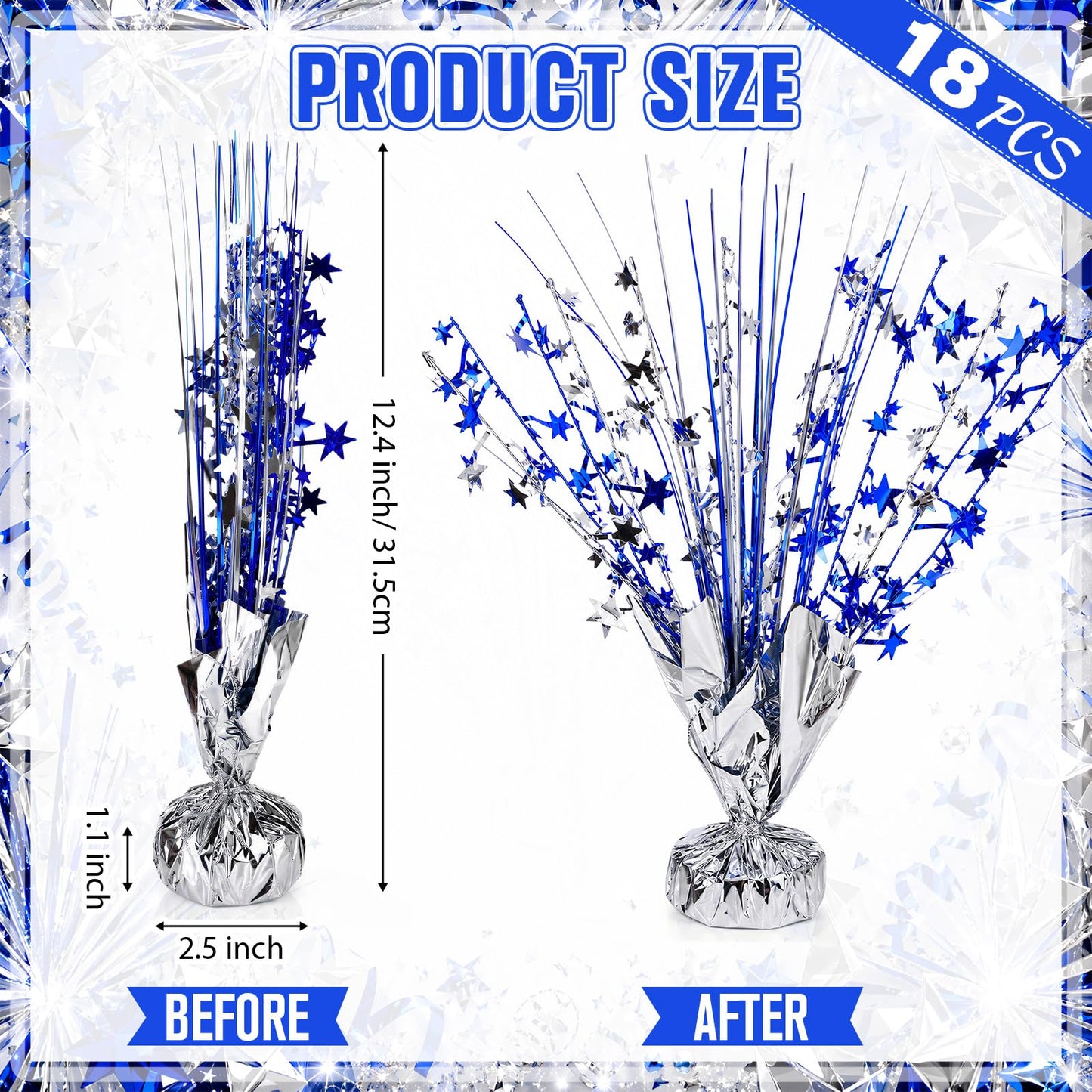 SiliFine 18 Pack Metallic Foil Spray Centerpiece Blue Silver Star Table Decoration Burst Glitter Table Topper Decor for Birthday Wedding Graduation Back to School Shower Party Supplies Decor