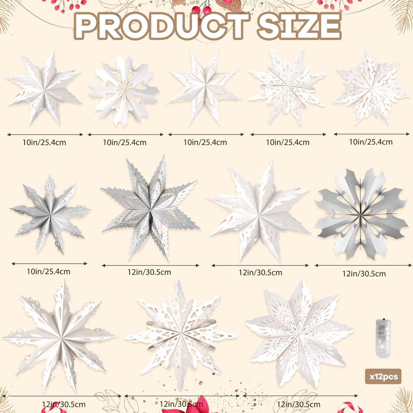 12 Pcs Christmas Paper Snowflake Lanterns, 3D Christmas Paper Star Lanterns with LED Lights, 10/12 Inch White Silver Hanging Snowflake Lamps for Xmas Winter Frozen Weddings New Year Party Decorations