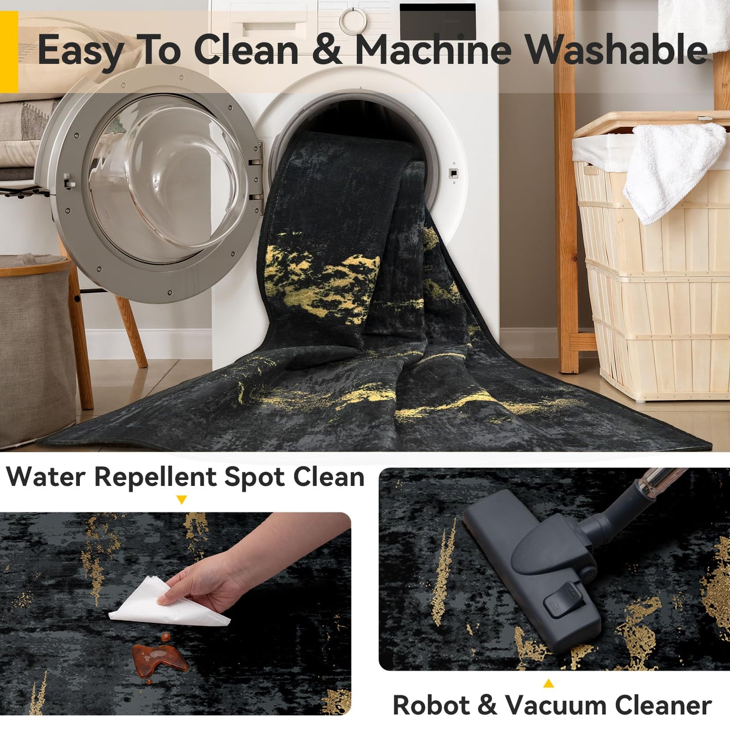 RELEANY Washable Area Rugs 2'x3' Non-Slip Modern Abstract Soft for Living Room Entryway Bedroom Kitchen, Print Pattern, Dark Black Gold