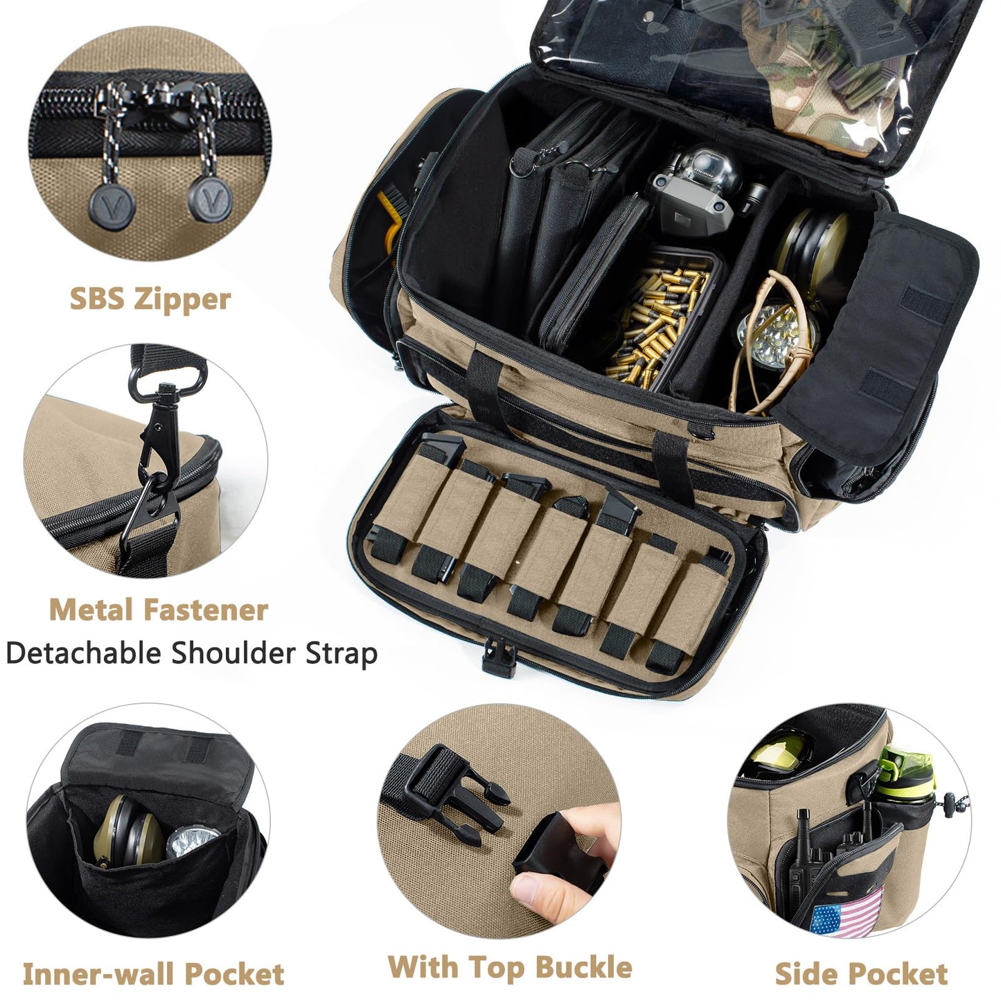 VIGEGARI Large Pistol Range Bag Shooting - Tactical Gun Range Bag with 2 Pistol Cases, Gun Bags for Handguns, Womens Gun Bag for Men, Gun Carrying Duffle Bag for Gun Accessories