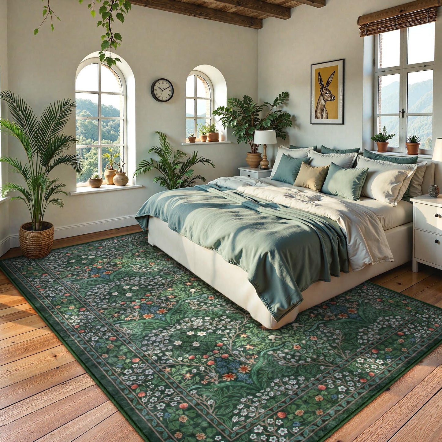 Lahome Dark Green Area Rugs 8x10, Soft 8x10 Washable Rugs for Living Room Dining Room, Boho Floral Non-Slip Forest Large Throw Carpet for Farmhouse Bedroom Office, Dark Green