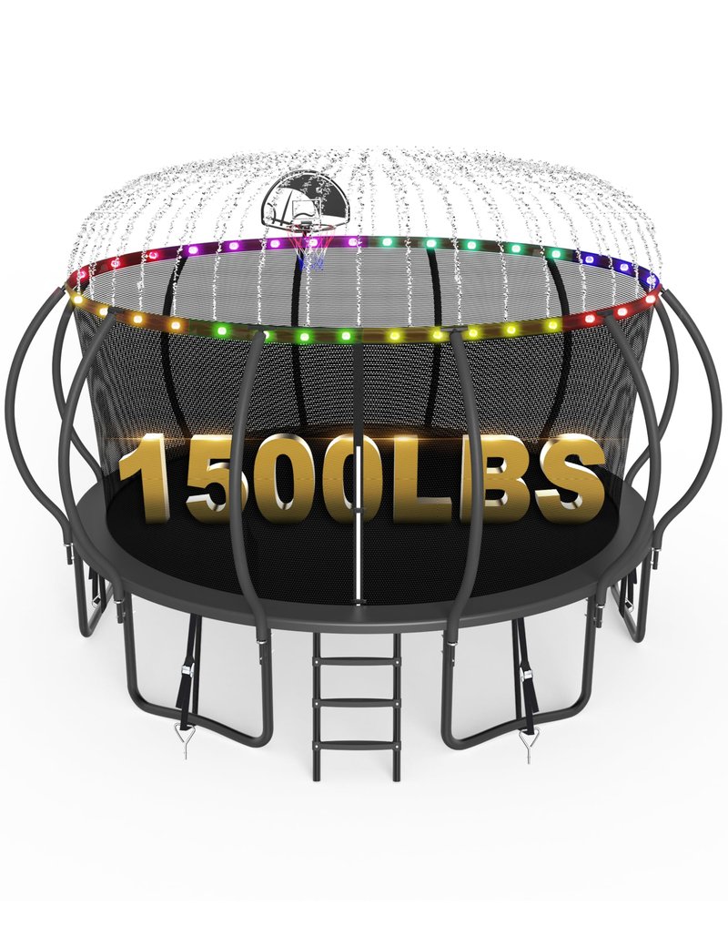 SKYUP 2026 Upgraded 8 10 12 14 15 16 FT 1500lbs Tranpoline for Kids and Adults with Light+Sprinkler+Socks, Recreational Tranpoline with Basketball Hoop, Ladder, ASTM Approved Tranpoline for 7-10 Kids