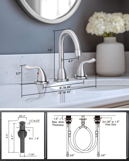 Bathroom Sink Faucet 3 Hole Brushed Nickel, ARCORA 8 Inch Widespread Bathroom Faucet, 2 Handles Bathroom Faucet with Pop Up Drain and cUPC Supply Lines
