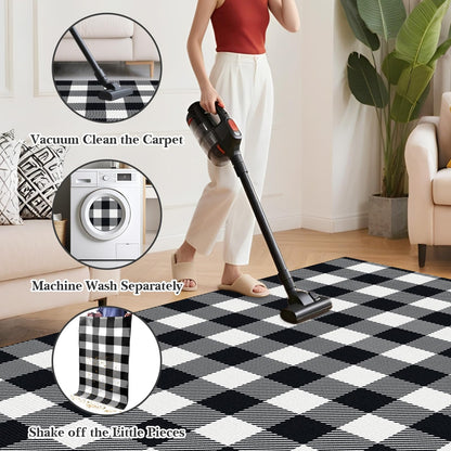 SofterCharm Area Rug, 2’4’’ x 3’7’’ Black and White Checkered Rug Plaid Outdoor Rugs, Soft Machine Washable Cotton Woven Welcome Mat Area Rugs for Home Decor, Bedroom, Doormat, Balcony, Porch, Patio