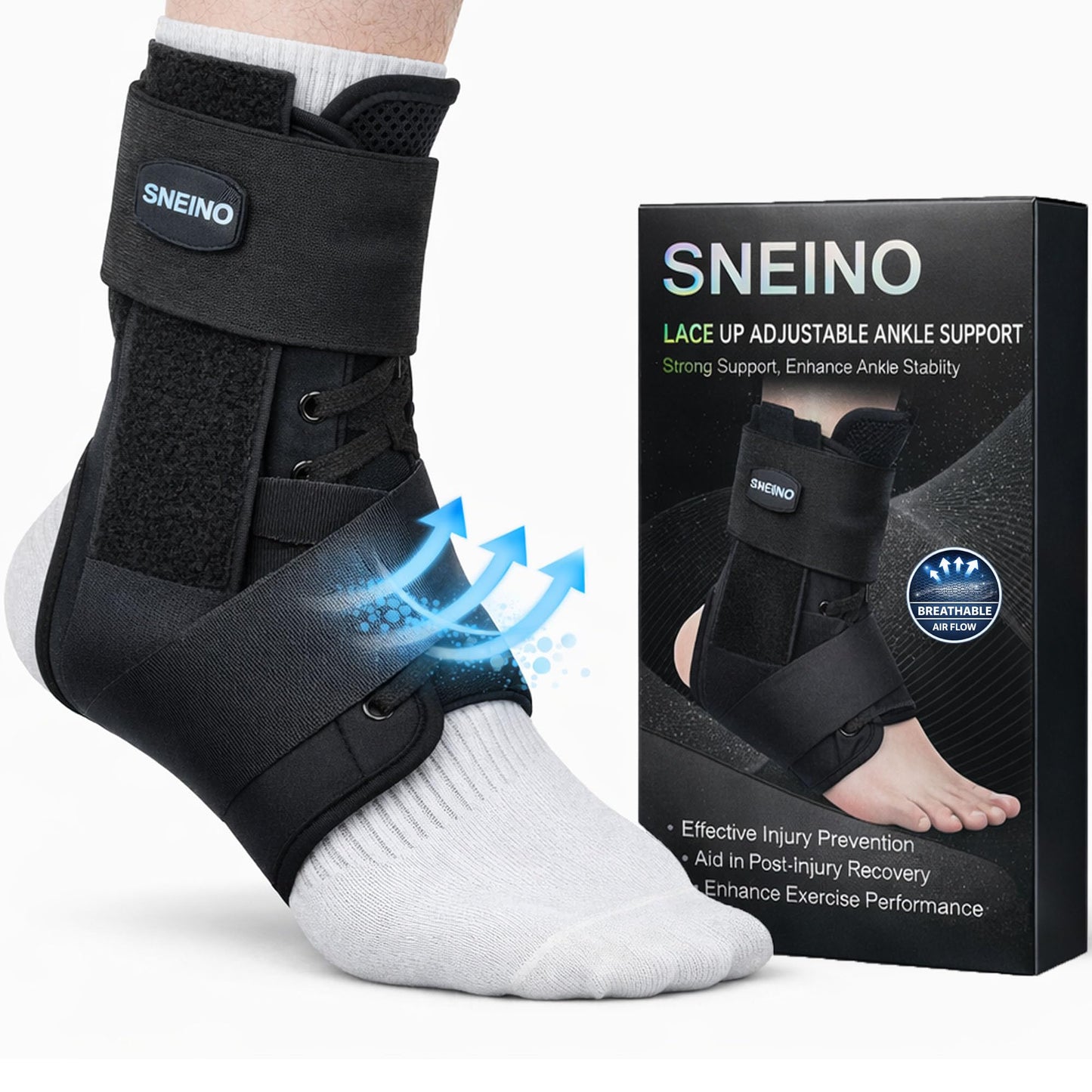 SNEINO Ankle Brace for Women Men - Ankle Support Brace for Sprained Ankle,Ankle Stabilizer for Achilles,Tendon,Sprain,Injury Recovery,Lace up Ankle wrap for Running,Basketball,Volleyball (Medium, Ankle Brace)