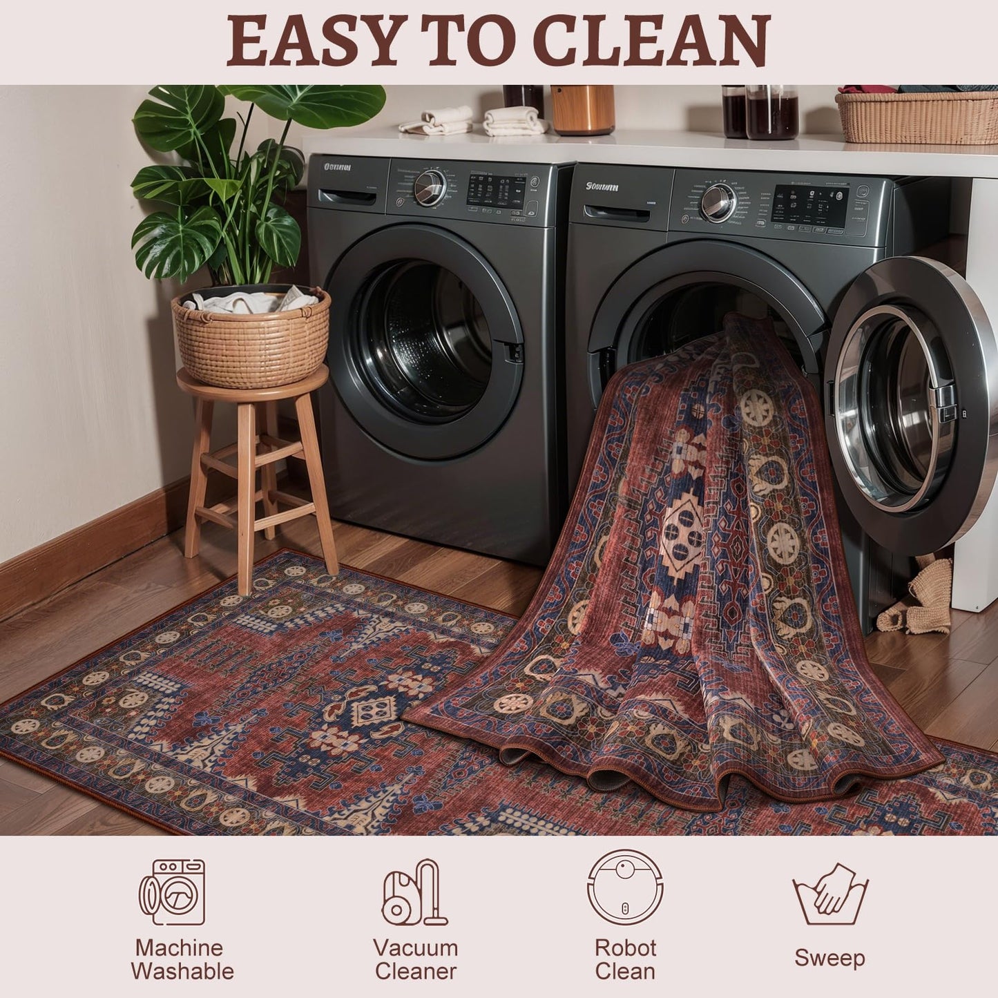 Tangsoo Washable Rug 4x6 Area Rug, Oriental Rug Indoor for Living Room, Non Slip Machine Washable Large Rugs, Soft Print Carpet for Bedroom Dining Room Dorm Office Rust/Tan