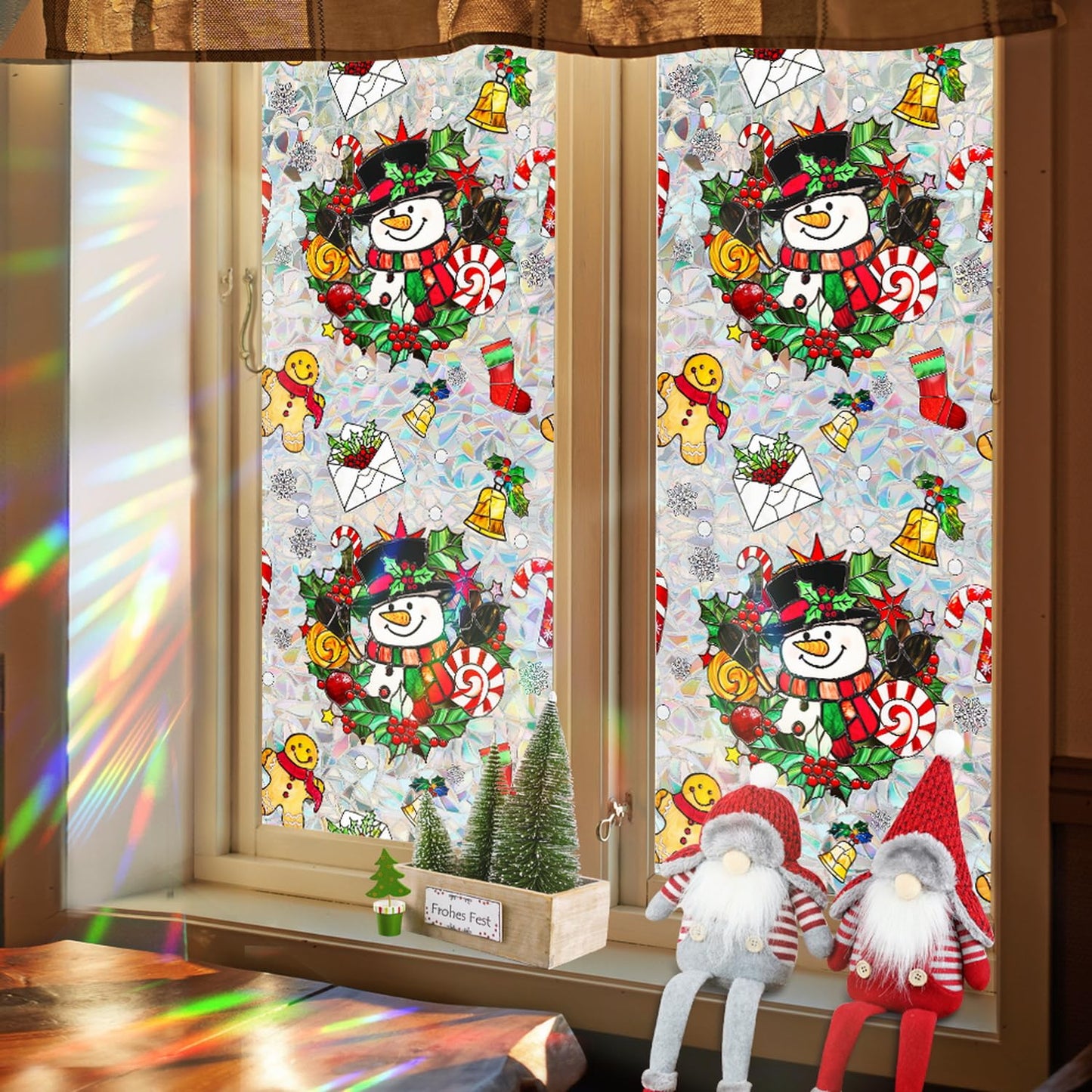 Christmas Window Film Decorative Snowman Gingerbread Man Xmas Red Berry Designs Stained Static Glass Window Clings Stickers for Home Office Living Room Bedroom Glass Windows Door Decor 17x 39.3 Inch
