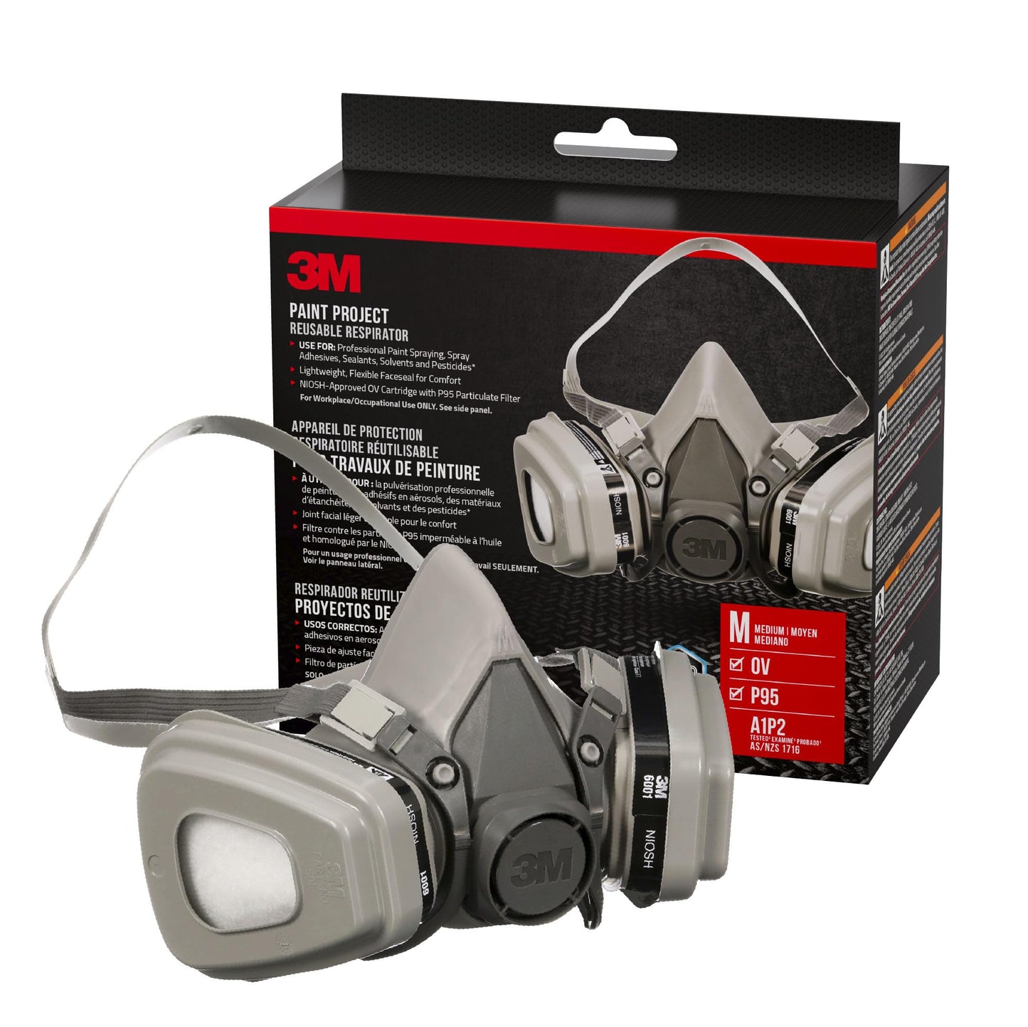 3M™ Paint Project Reusable Respirator 6211P1-DC, OV/P95, Medium, 1-Fcpc, 1-pr of 6001 Ctdgs, 2-pr 5P71 Fltrs, 1-pr of 501 Rtnrs