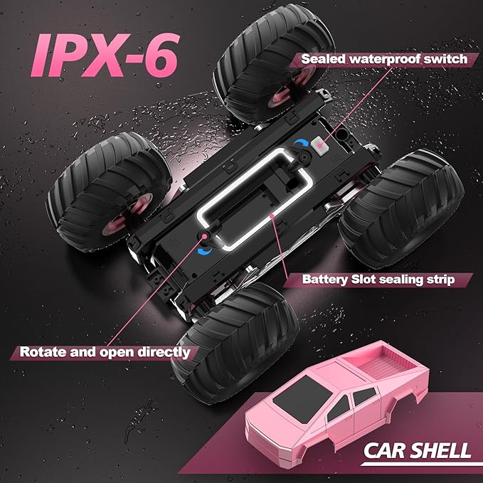 Remote Control Car Cyber RC Truck Toy 1:16 2.4GHz 4WD Off-Road Amphibious Waterproof Monster Truck for All Terrain Kids Birthday Gifts for Boys Girls Age 6 7 8 9 10 11 12 Year Olds (Pink)