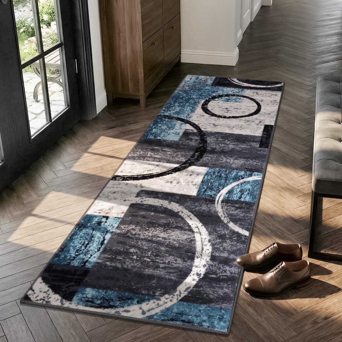 Yamaziot Modern Abstract Runner Rug, 2x6 Washable Kitchen Runner with Non-Slip Backing, Ultra Soft Rug Runners for Hallway Low Pile Carpet for Entryway, Laundry, Bedroom (Blue, Geometric Circle)