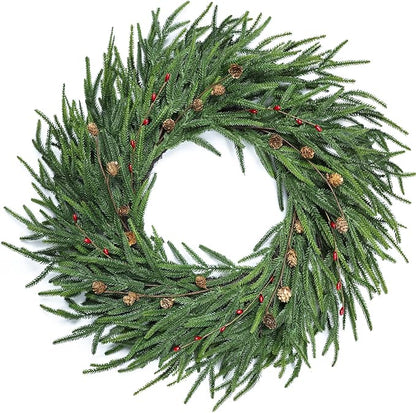 24 Inch Pine Wreath Christmas Wreaths for Front Door, Real Touch Pine Wreath with Red Berries Artificial Green Wreaths for Walls Windows Porches Farmhouse Indoor Outdoor Home Decor