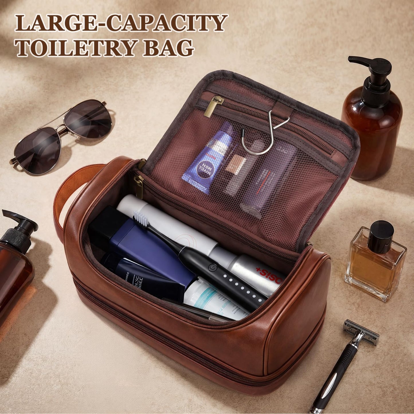 Ecttunafe Personalized Gifts Travel Toiletry Bag for Men, Engraved Monogrammed Initial PU Leather Waterproof Shaving Bag with Hook, Best Birthday Gifts Choice for Men Dad Husband Groomsmen Adults,M