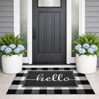 KILOCOCO Buffalo Plaid Checkered Rug - Black and White Cotton Washable Front Door Rugs Door Mat Outdoor Layered Doormats for Front Porch/Farmhouse/Entryway, 27.5x43 Inches