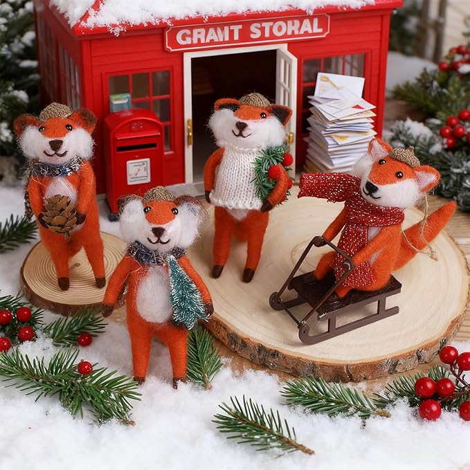 Set of 4 Christmas Felt Fox Ornaments, 5" Mini Wool Mr. Foxes Figurines for Christmas Tree Wreath Hanging, Fantastic Xmas Tabletop Decor, Animal Crafts Holiday Easter Gifts Party Supply