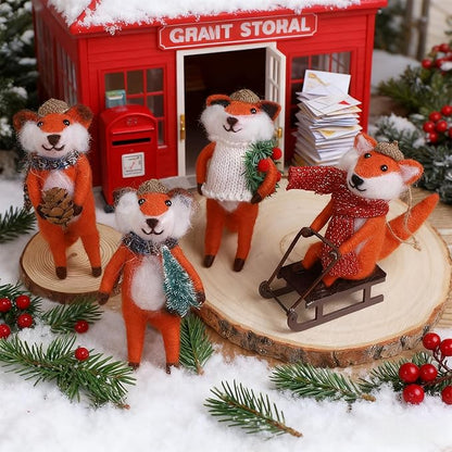 Set of 4 Christmas Felt Fox Ornaments, 5" Mini Wool Mr. Foxes Figurines for Christmas Tree Wreath Hanging, Fantastic Xmas Tabletop Decor, Animal Crafts Holiday Easter Gifts Party Supply