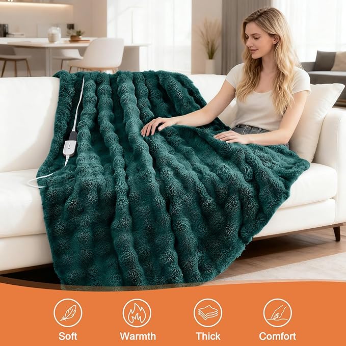Heated Blanket Electric Throw Blanket 72''X 84''-Heating Blanket with 6 Heat Settings-10 Hours Auto Off,Cozy Faux Rabbit Fur Bubble Electric Blanket,Dark Green