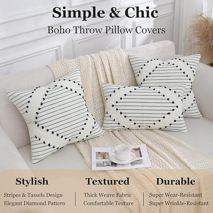 Mecatny Boho Outdoor Throw Pillow Covers 12X20 Set of 2, Farmhouse Lumbar Pillow Covers for Couch Sofa Living Room, Navy & Cream White