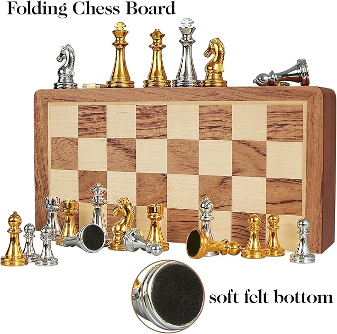 Metal Chess Set for Adults Kids 12'' Folding Wooden Chess Board with Metal Chess Pieces Handcrafted Portable Travel Chess Sets Game for Beginner Professional (Weighted Non-Magnetic)