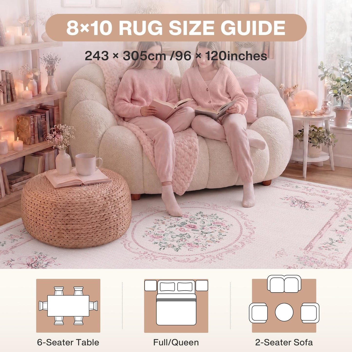 Tribesigns Floral Bow Pink 8 x 10 Area Rug for Girls Bedroom, Soft Washable Rose Medallion Nursery Living Room Rugs, Large Non-Slip Low Pile Boho Floral Carpet for Dorm Kids Playroom, Pink/8x10