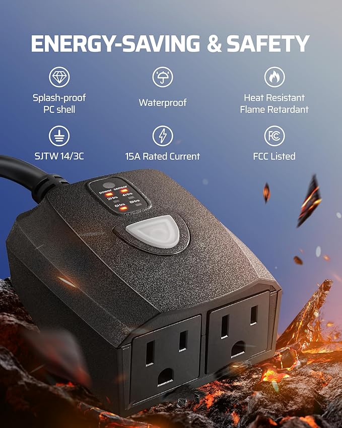 DEWENWILS Outdoor Timer Outlet Waterproof, 15A 1/2HP, 2 Grounded Outlets, 100FT Remote Control, Black, FCC Listed