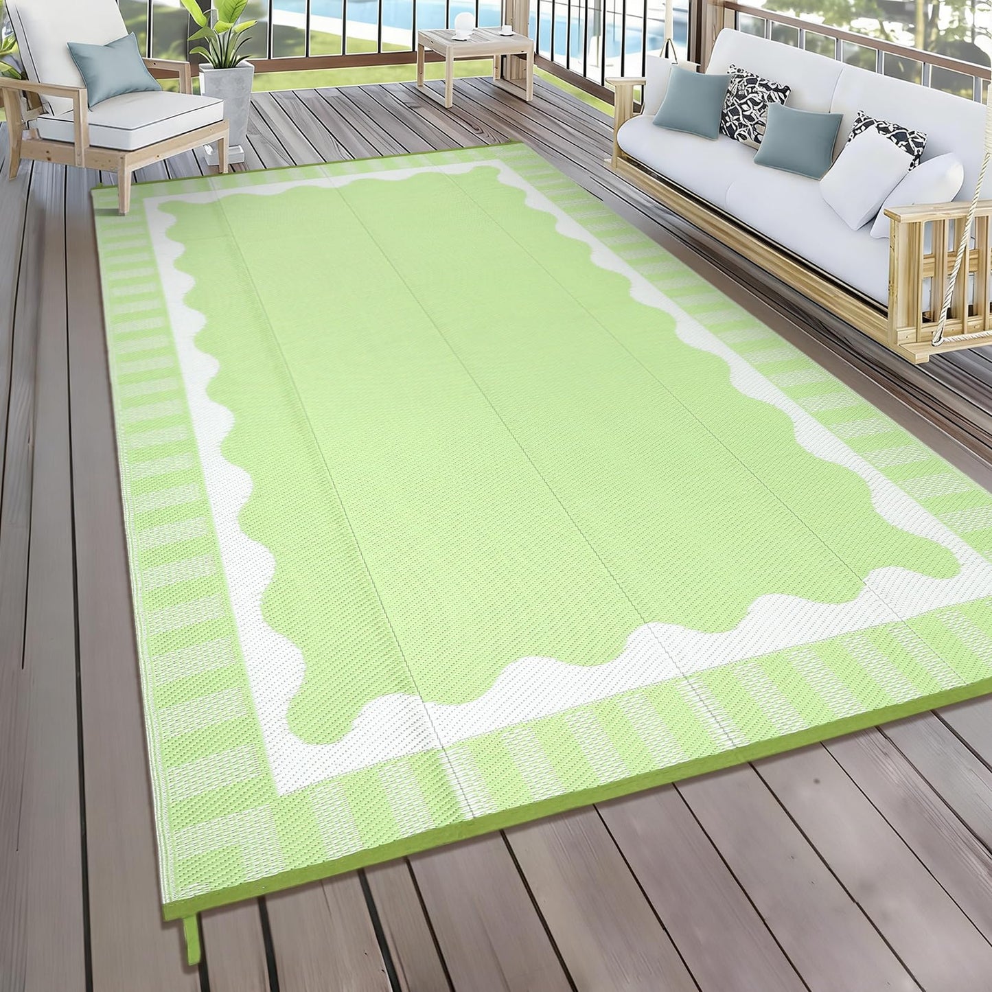 MilleLoom Outdoor Rug 9x12 Modern Scalloped Border Area Rugs for Indoor and Outdoor Patios and Porches - Waterproof, Washable, Non-Shedding, Easy-to-Clean Outside Carpet，Green/White